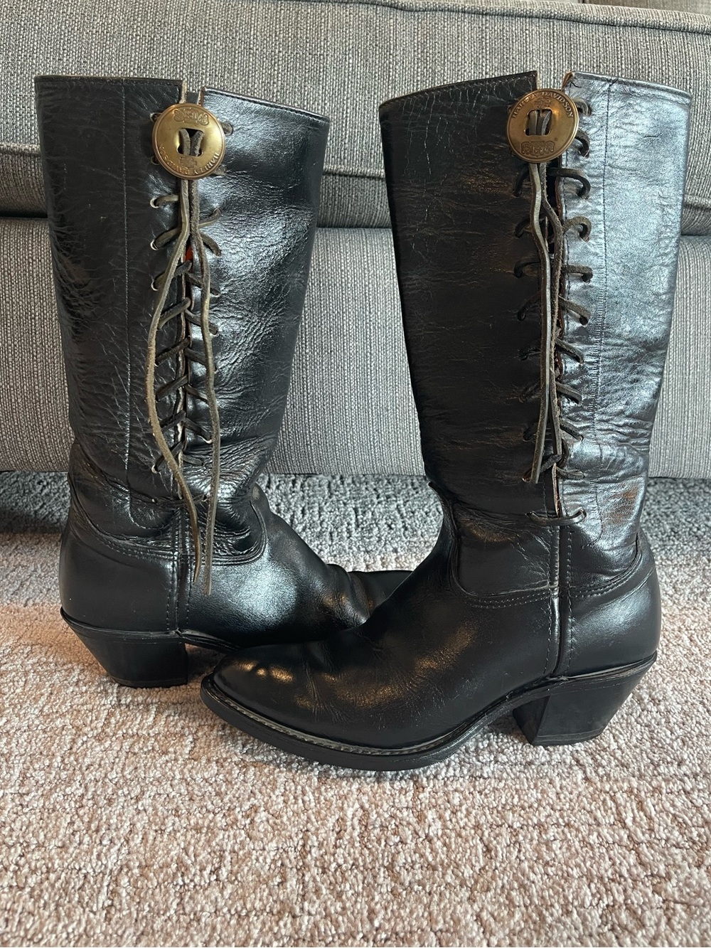 Harley Davidson 80’s Vintage Leather, Side Lace Concho Boots, Black, Western, 9 - Picture 2 of 14